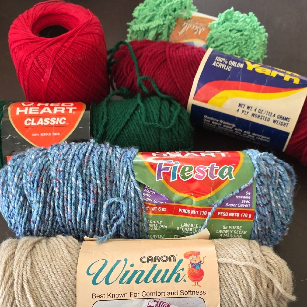 Red & Green Yarn Bundle - Crafting Acrylic & Cotton Skeins by Red Heart & Caron